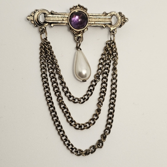 Vintage Gold and Purple Brooch with Chain Detail - Picture 1 of 3